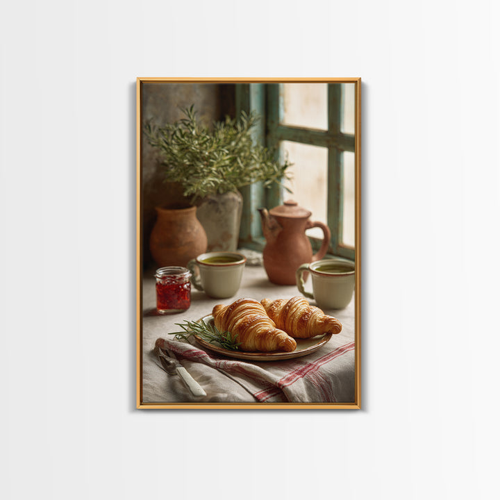 Fresh Croissants and Jam on a Linen Framed Canvas Print, Bed and Breakfast Art, Print, Living Room Decor, Abstract Art, BAB-2x3-34