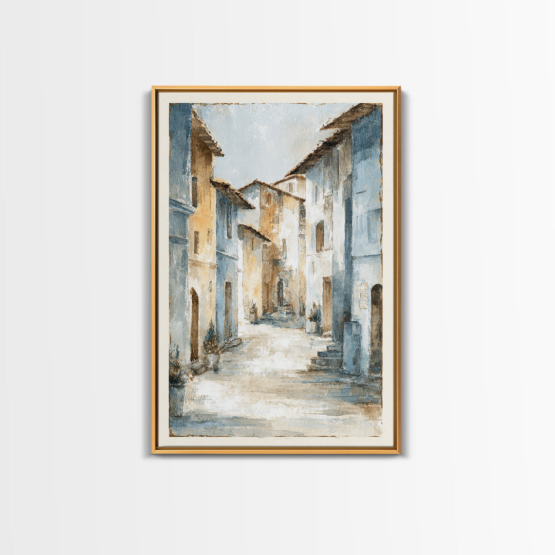 Soft Watercolor Village Street at Dawn Framed Canvas Print, Bed and Breakfast Art, Abstract Art, Living Room Decor, Fine Art, BAB-2x3-37