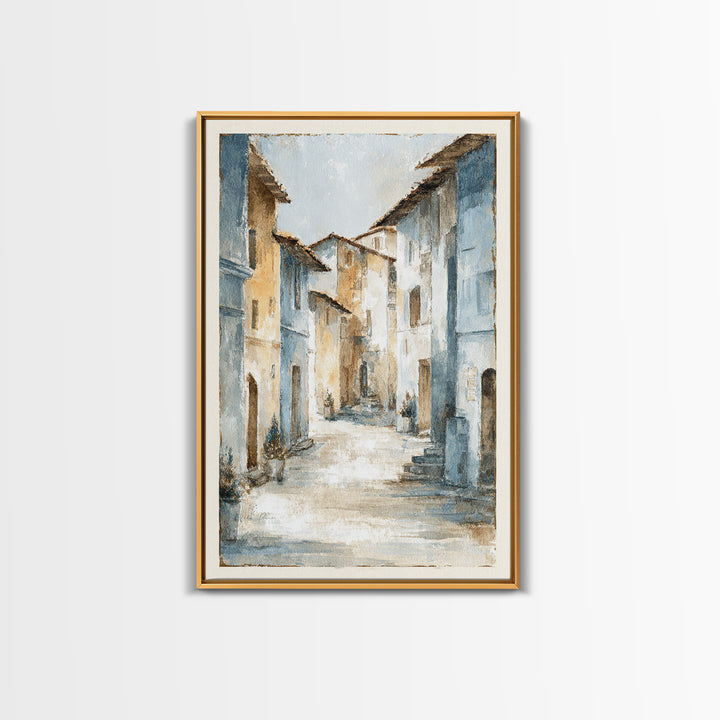 Soft Watercolor Village Street at Dawn Framed Canvas Print, Bed and Breakfast Art, Abstract Art, Living Room Decor, Fine Art, BAB-2x3-37