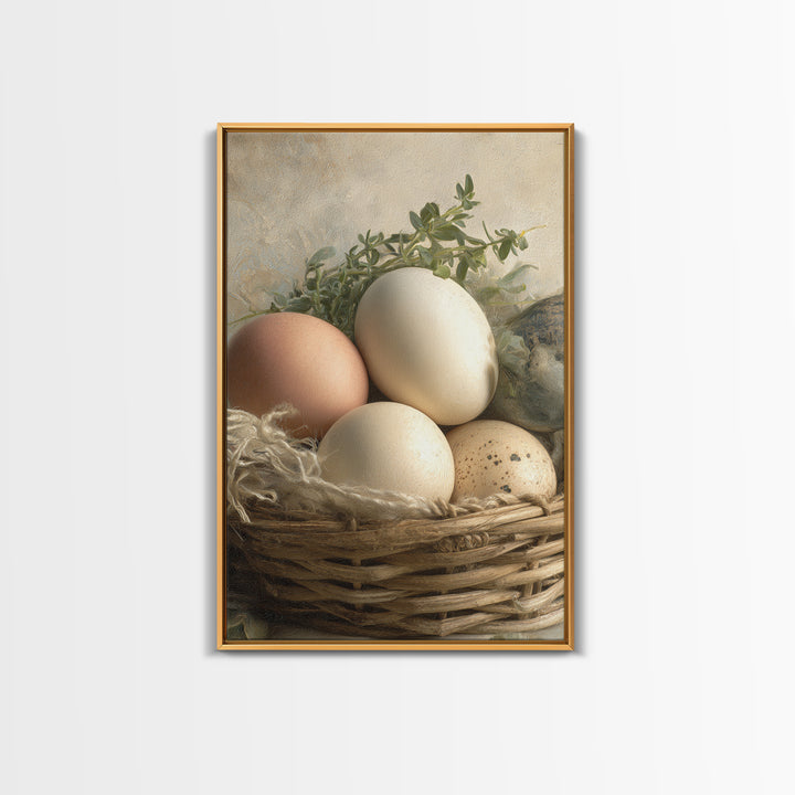 Fresh Eggs in a Woven Basket with Framed Canvas Print, Bed and Breakfast Art, Art Print, Living Room Decor, Fine Art, BAB-2x3-38