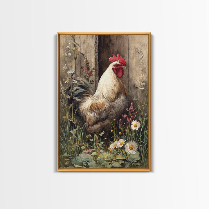 Rooster and Wildflower Country Portrait Framed Canvas Print, Bed and Breakfast Art, Digital Art, Living Room Decor, Fine Art, BAB-2x3-51