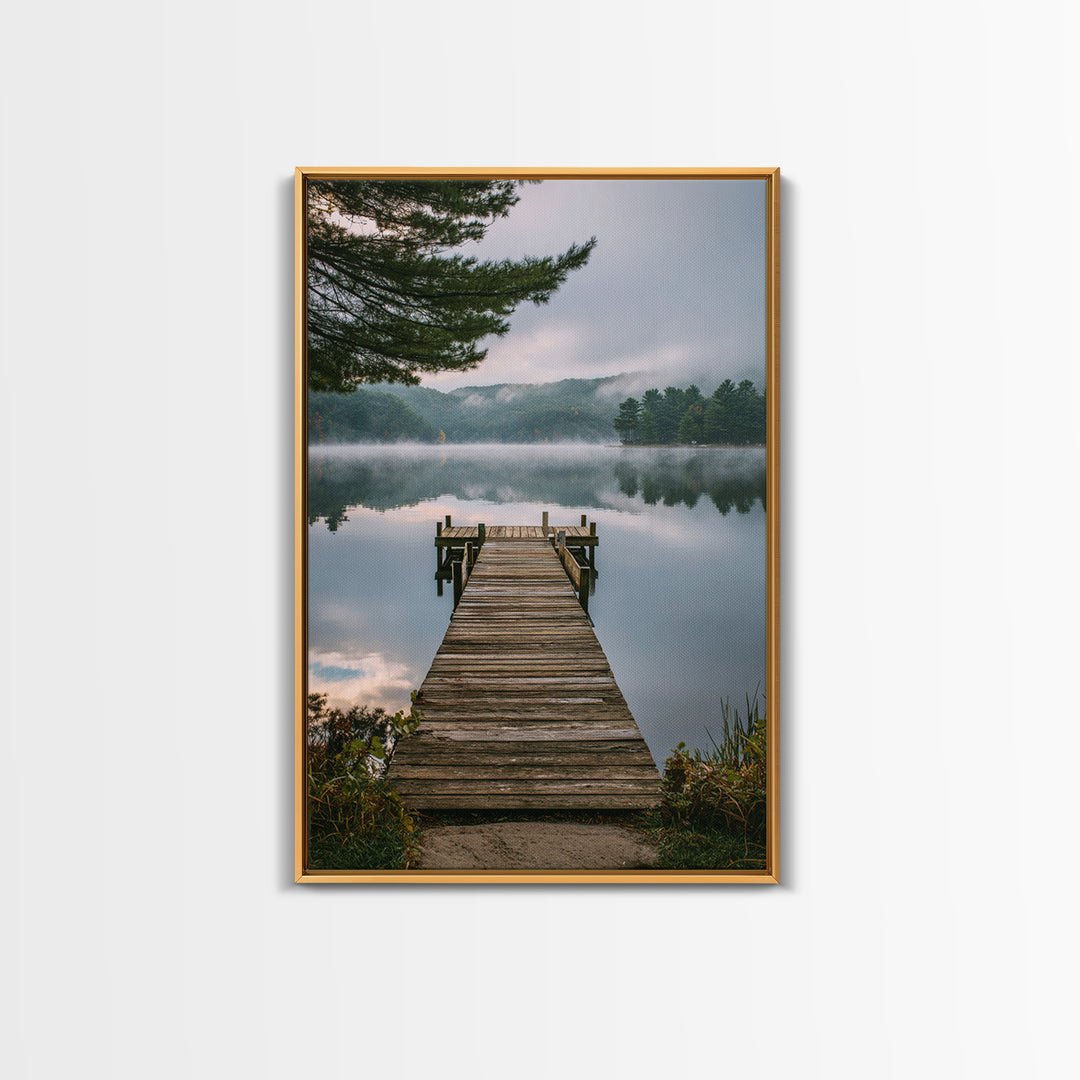 Quiet Lake Dock at Early Morning Framed Canvas Print, Bed and Breakfast Art, Minimalist Decor, Living Room Decor, Oil Painting, BAB-2x3-6
