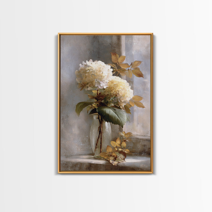 Sunlit Hydrangeas on a Windowsill Canvas Print, Bed and Breakfast Art, Digital Art, Living Room Decor, Oil Painting, BAB-2x3-66