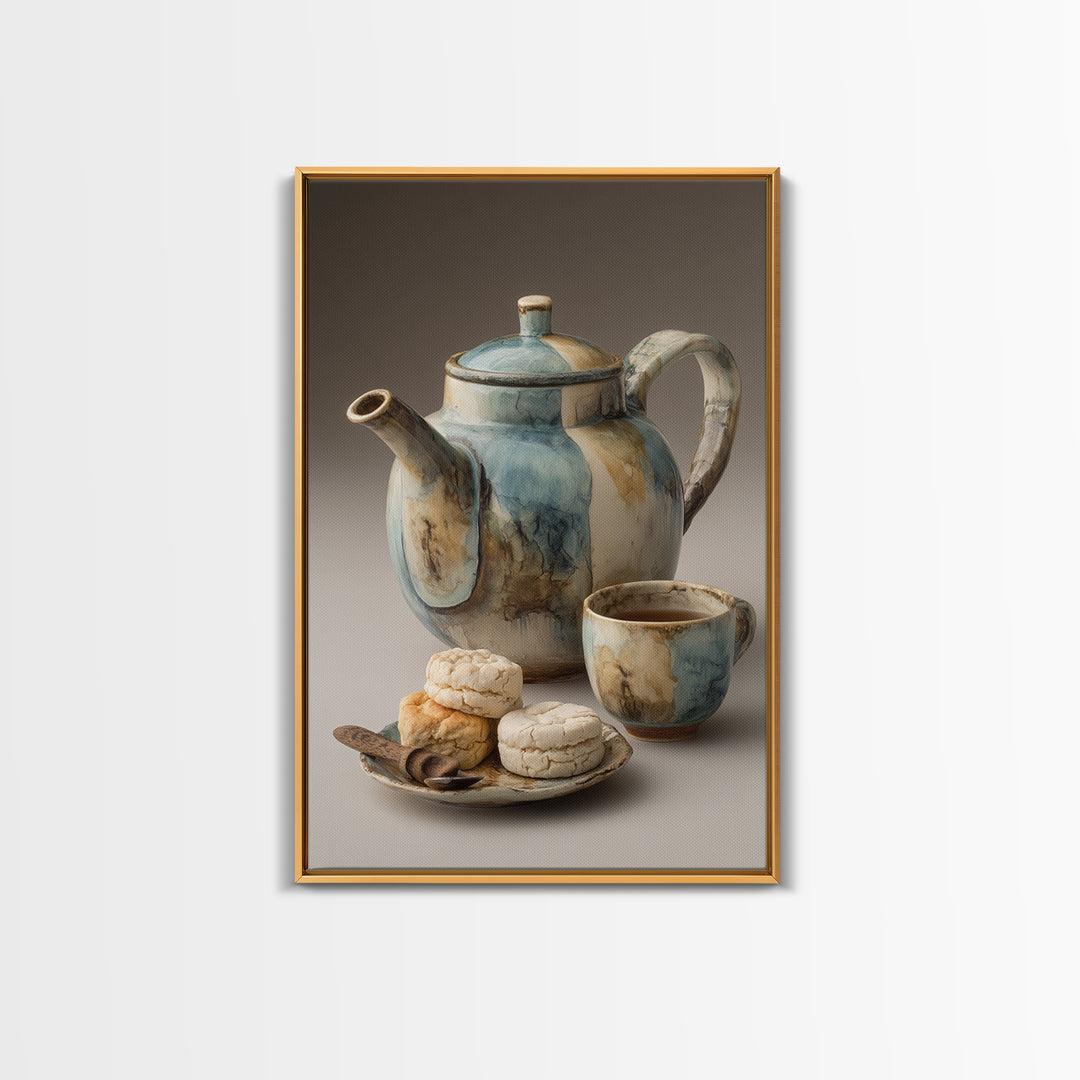 Porcelain Teapot and Scones Framed Canvas Print, Bed and Breakfast Art, Bed, Living Room Decor, Fine Art, Rustic Home Decor, BAB-2x3-68