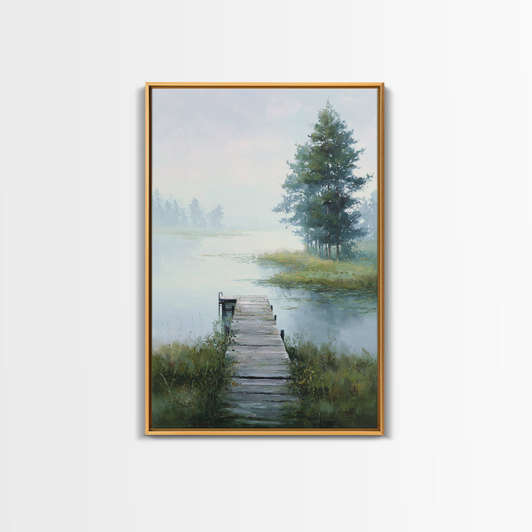 Quiet Lake Dock at Early Morning Framed Canvas Print, Bed and Breakfast Art, Canvas Wall Art, Living Room Decor, Fine Art, BAB-2x3-78