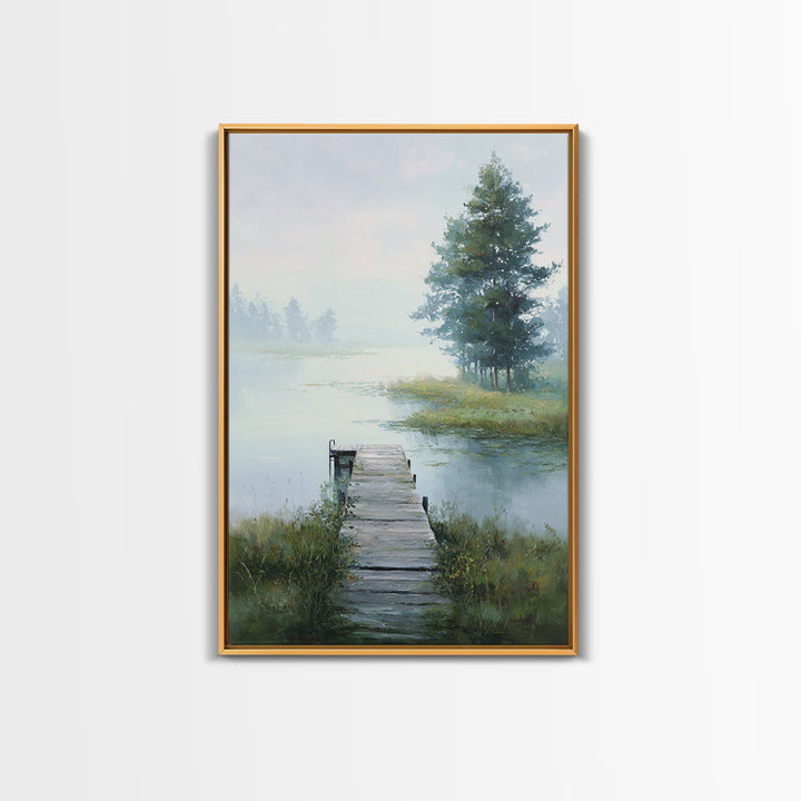 Quiet Lake Dock at Early Morning Framed Canvas Print, Bed and Breakfast Art, Canvas Wall Art, Living Room Decor, Fine Art, BAB-2x3-78