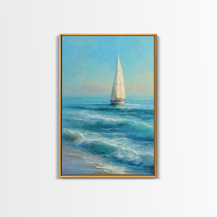 Coastal Inn Sailboat at Sunrise Framed Canvas Print, Bed and Breakfast Art, Bedroom Wall Art, Living Room Decor, Fine Art, BAB-2x3-97