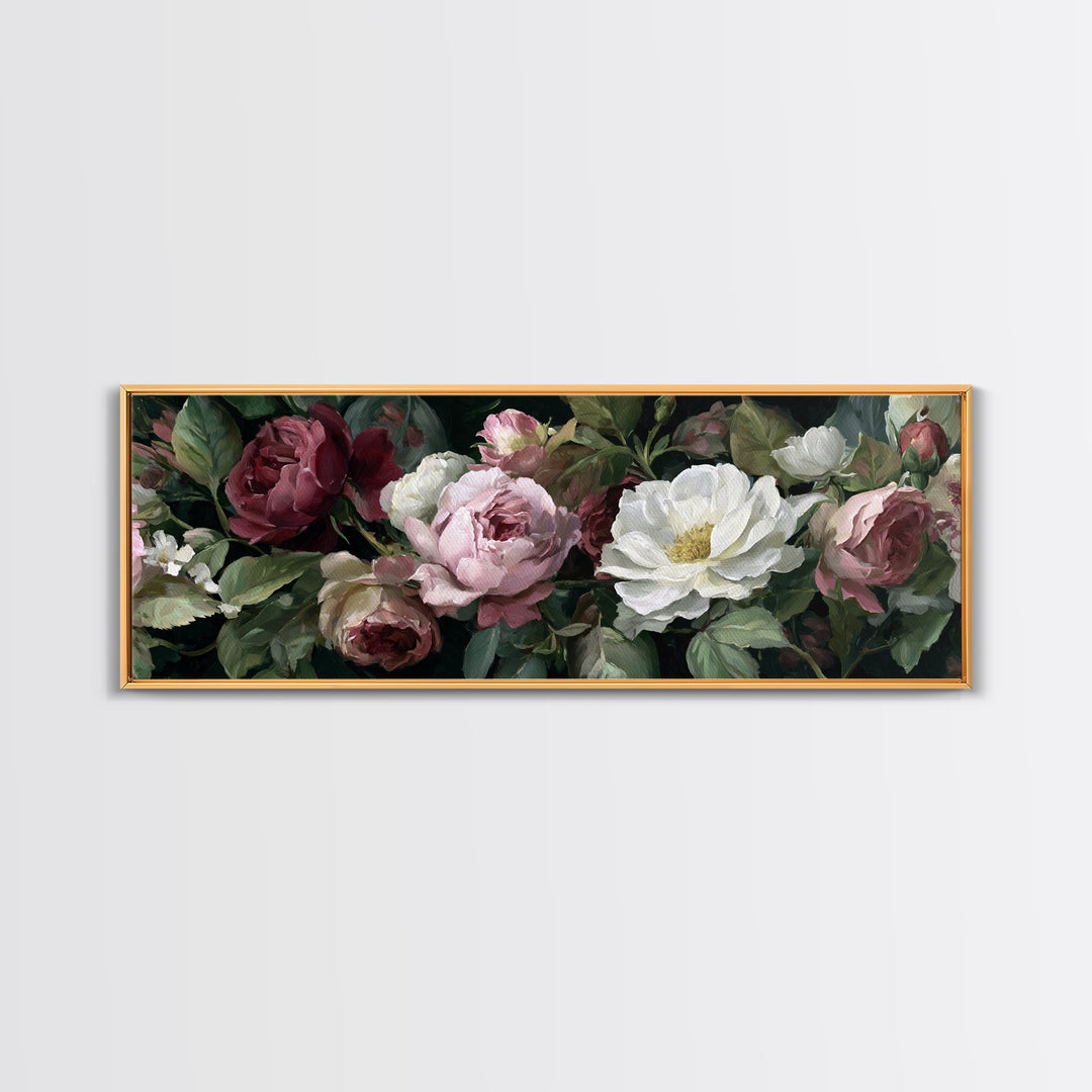 Garden Roses in Romantic Oil Paint Canvas Print, Bed and Breakfast Art, Bed, Living Room Decor, Oil Painting, BAB-3x1-13