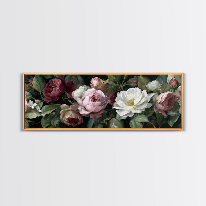 Garden Roses in Romantic Oil Paint Canvas Print, Bed and Breakfast Art, Bed, Living Room Decor, Oil Painting, BAB-3x1-13