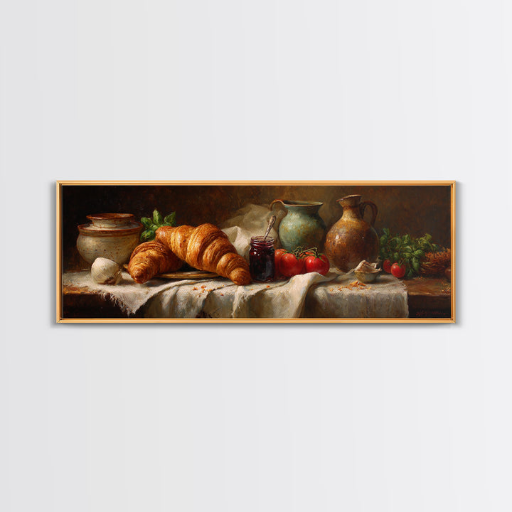 Fresh Croissants and Jam on a Linen Framed Canvas Print, Bed and Breakfast Art, Printable Art, Living Room Decor, Abstract Art, BAB-3x1-18