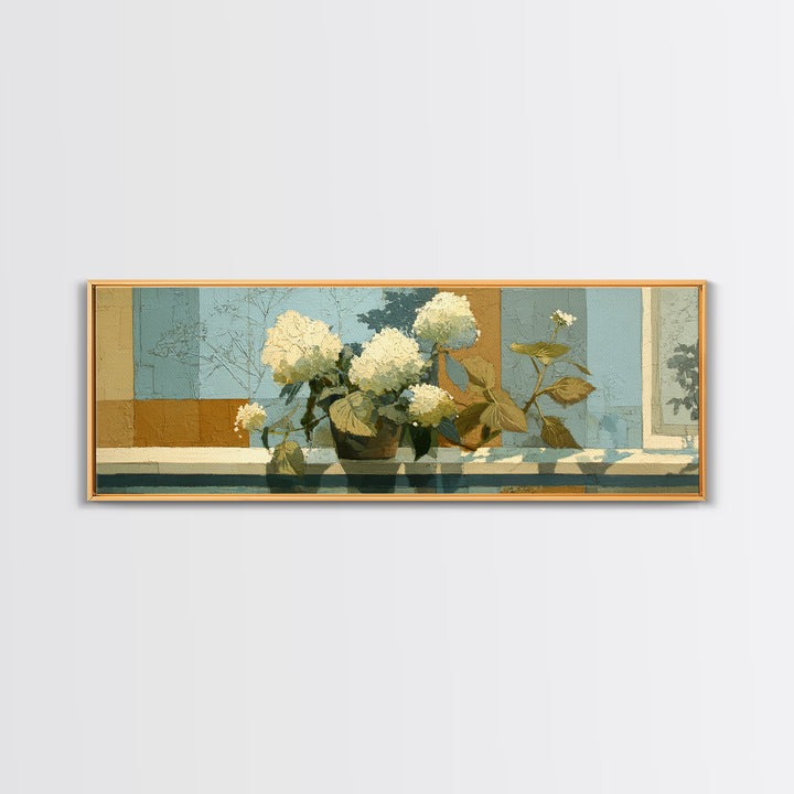 Sunlit Hydrangeas on a Windowsill Framed Canvas Print, Bed and Breakfast Art, Canvas Wall Art, Living Room Decor, Fine Art, BAB-3x1-2