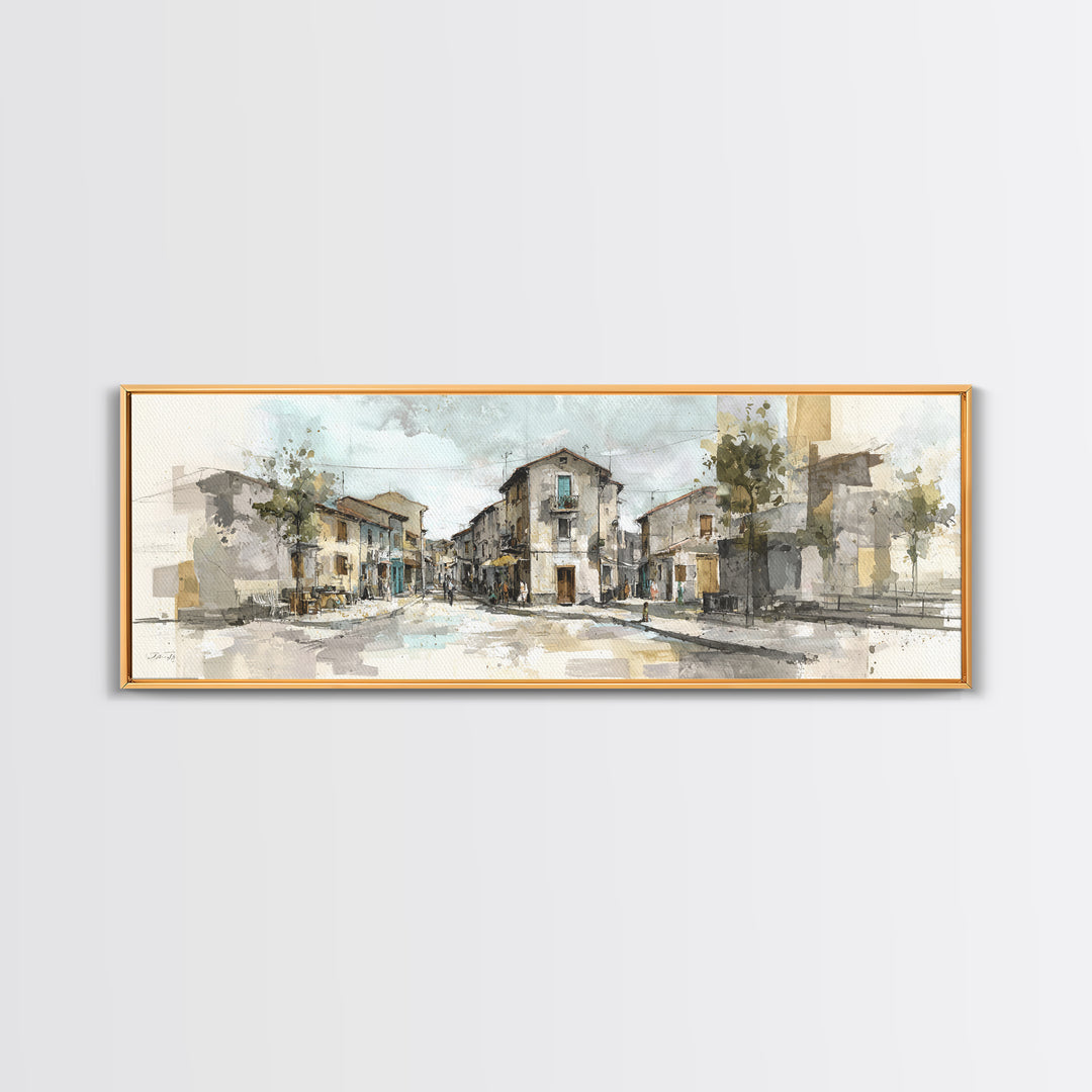 Soft Watercolor Village Street at Dawn Canvas Print, Bed and Breakfast Art, Farmhouse Wall Art, Living Room Decor, Fine Art, BAB-3x1-21