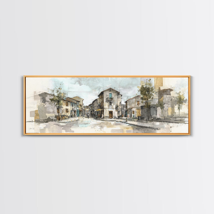 Soft Watercolor Village Street at Dawn Canvas Print, Bed and Breakfast Art, Farmhouse Wall Art, Living Room Decor, Fine Art, BAB-3x1-21