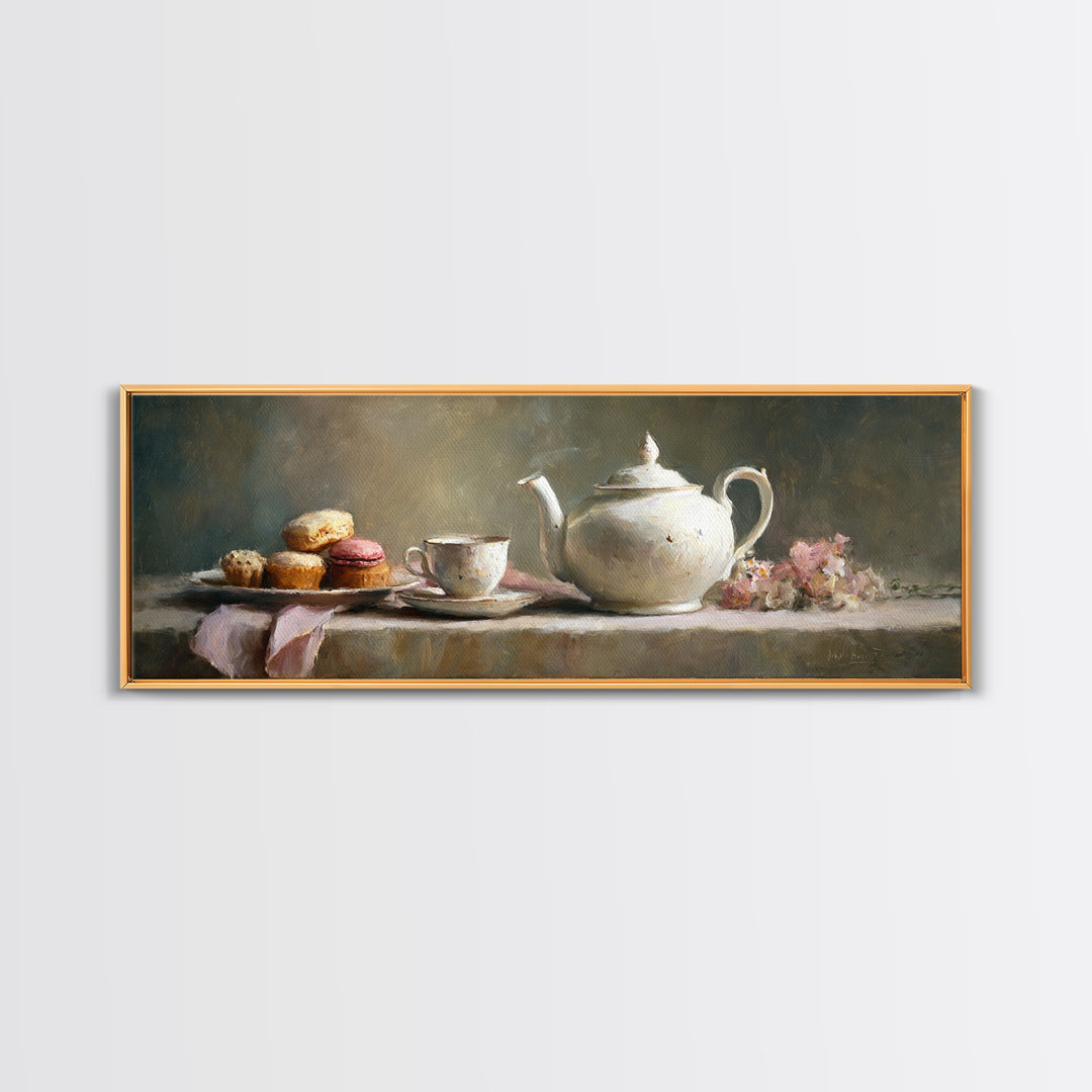 Porcelain Teapot and Scones Framed Canvas Print, Bed and Breakfast Art, Bedroom Art, Living Room Decor, Oil Painting, BAB-3x1-28