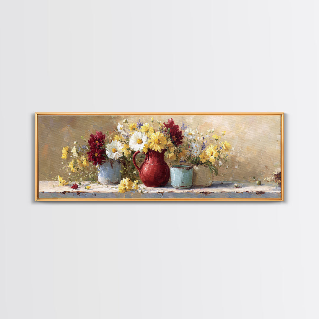 Country Wildflowers in a Chipped Ceramic Pitcher Canvas Print, Bed and Breakfast Art, Rustic Home Decor, Living Room Decor, BAB-3x1-41