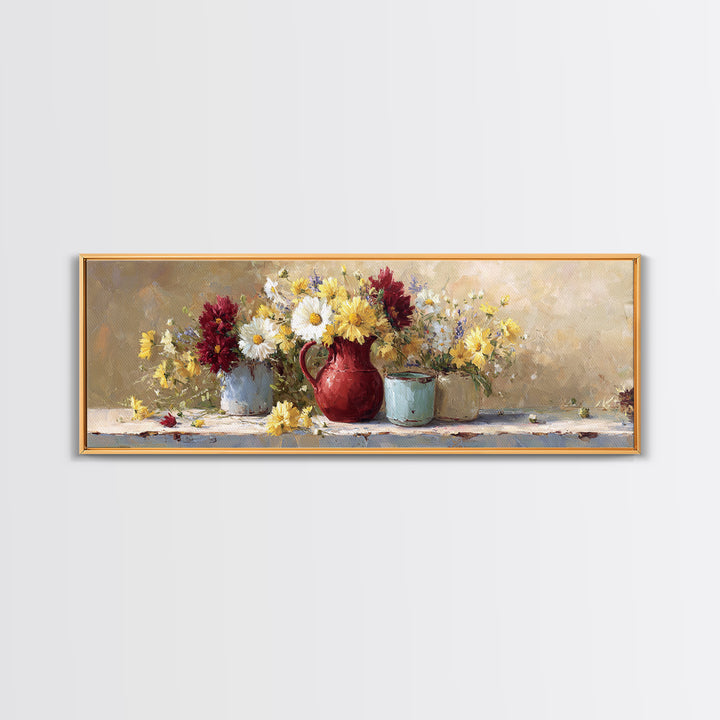 Country Wildflowers in a Chipped Ceramic Pitcher Canvas Print, Bed and Breakfast Art, Rustic Home Decor, Living Room Decor, BAB-3x1-41