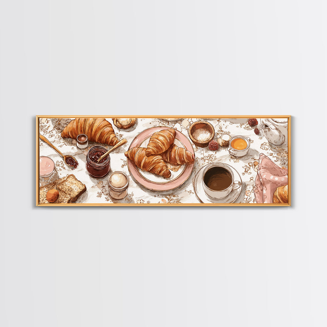 Fresh Croissants and Jam on a Linen Canvas Print, Bed and Breakfast Art, Bedroom Wall Art, Living Room Decor, Abstract Art, BAB-3x1-42