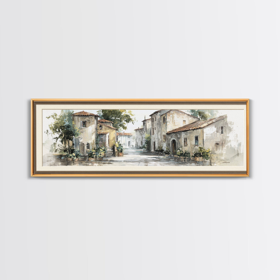 Soft Watercolor Village Street at Dawn Canvas Print, Bed and Breakfast Art, Farmhouse Wall Art, Living Room Decor, Fine Art, BAB-3x1-45