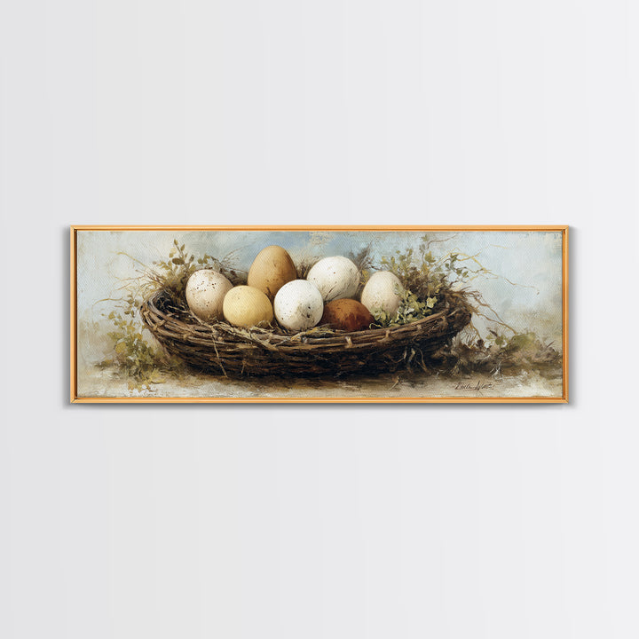 Fresh Eggs in a Woven Basket with Canvas Print, Bed and Breakfast Art, Bedroom Wall Decor, Living Room Decor, Fine Art, BAB-3x1-46
