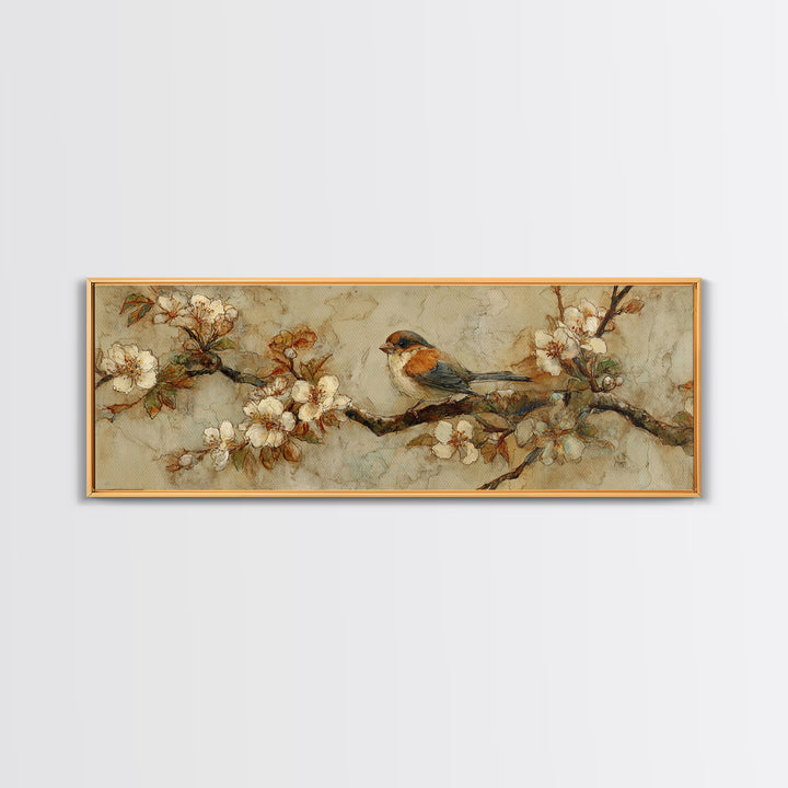 Small Bird on a Flowering Branch Canvas Print, Bed and Breakfast Art, Folk Art, Living Room Decor, Watercolor Art, BAB-3x1-54