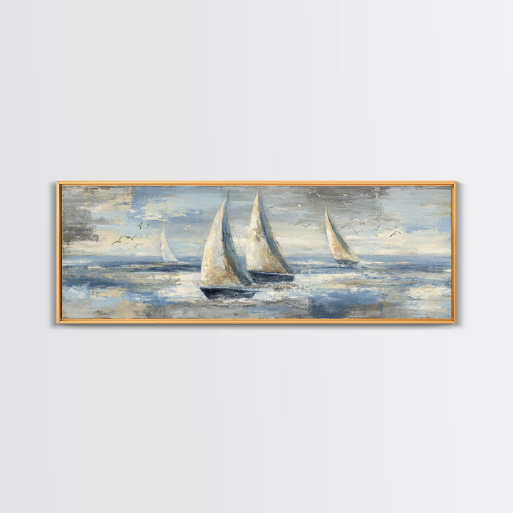 Coastal Inn Sailboat at Sunrise Framed Canvas Print, Bed and Breakfast Art, Folk Art, Living Room Decor, Fine Art, BAB-3x1-57
