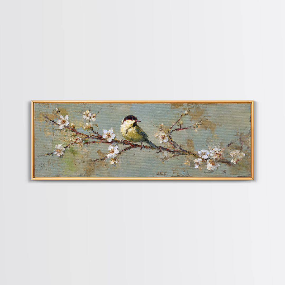 Small Bird on a Flowering Branch Canvas Print, Bed and Breakfast Art, Farmhouse Wall Art, Living Room Decor, Fine Art, BAB-3x1-6