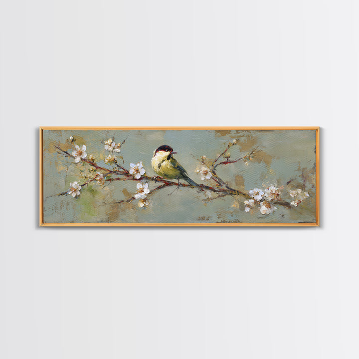 Small Bird on a Flowering Branch Canvas Print, Bed and Breakfast Art, Farmhouse Wall Art, Living Room Decor, Fine Art, BAB-3x1-6
