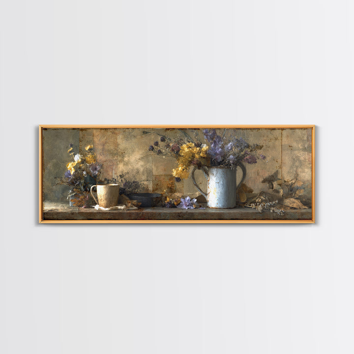 Country Wildflowers in a Chipped Ceramic Pitcher Canvas Print, Bed and Breakfast Art, Rustic Home Decor, Living Room Decor, BAB-3x1-65
