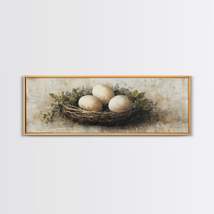 Fresh Eggs in a Woven Basket with Canvas Print, Bed and Breakfast Art, Wall Art, Living Room Decor, Oil Painting, BAB-3x1-70