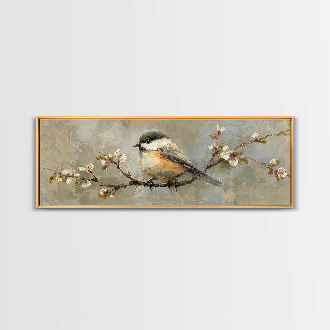 Small Bird on a Flowering Branch Canvas Print, Bed and Breakfast Art, Printable, Living Room Decor, Oil Painting, BAB-3x1-78