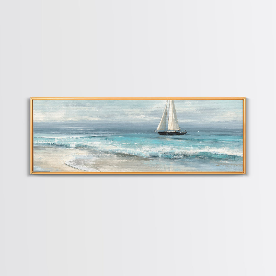Coastal Inn Sailboat at Sunrise Framed Canvas Print, Bed and Breakfast Art, Folk Art, Living Room Decor, Fine Art, BAB-3x1-81