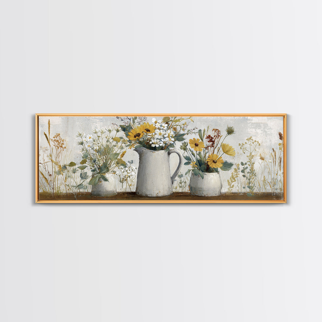 Country Wildflowers in a Chipped Ceramic Pitcher Canvas Print, Bed and Breakfast Art, Boho Decor, Living Room Decor, BAB-3x1-89