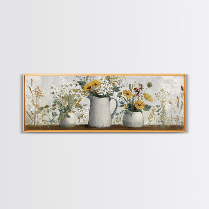 Country Wildflowers in a Chipped Ceramic Pitcher Canvas Print, Bed and Breakfast Art, Boho Decor, Living Room Decor, BAB-3x1-89