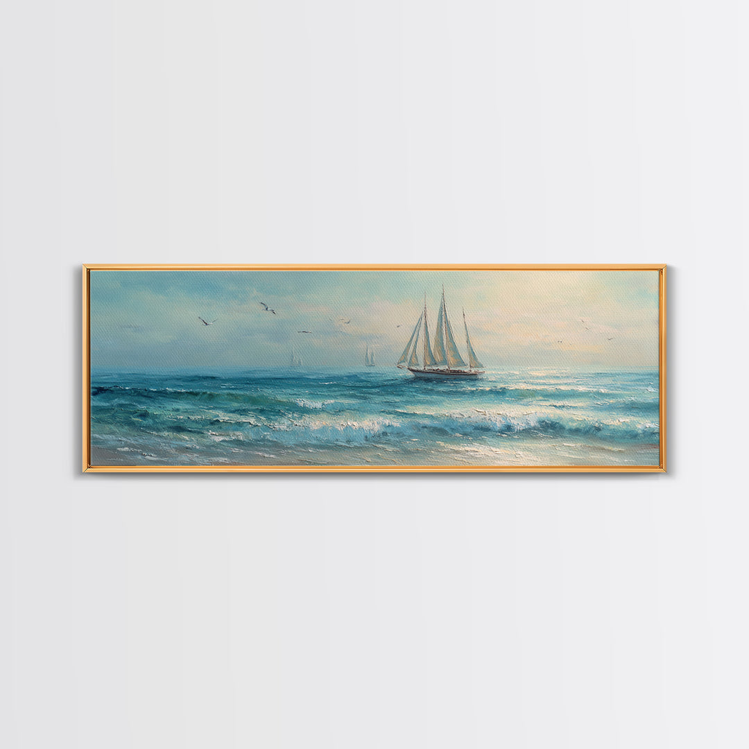 Coastal Inn Sailboat at Sunrise Framed Canvas Print, Bed and Breakfast Art, Dopamine Decor, Living Room Decor, Fine Art, BAB-3x1-9