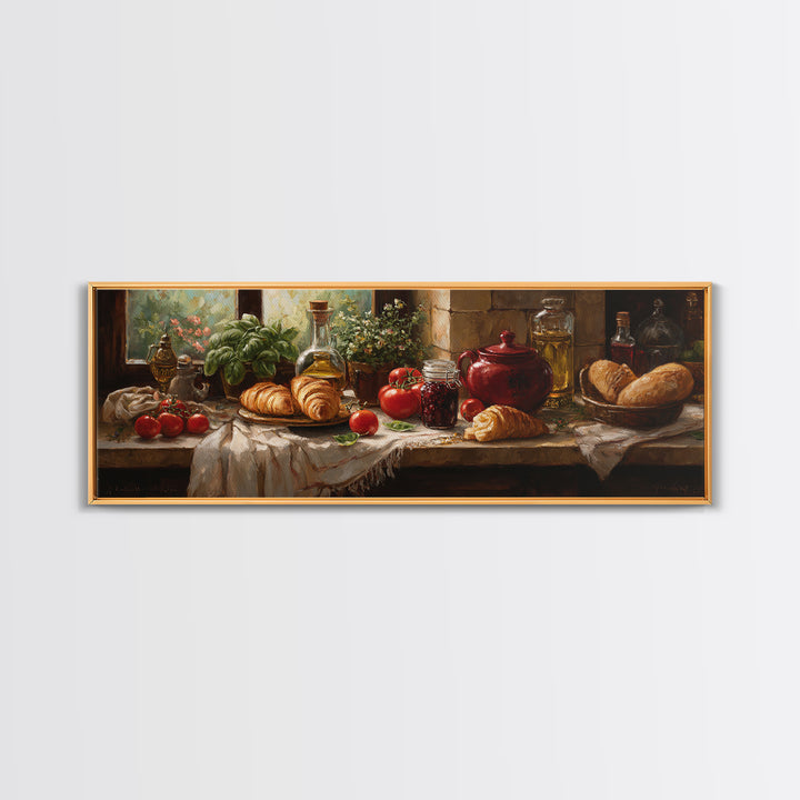Fresh Croissants and Jam on a Linen Canvas Print, Bed and Breakfast Art, Farmhouse Wall Art, Living Room Decor, BAB-3x1-90