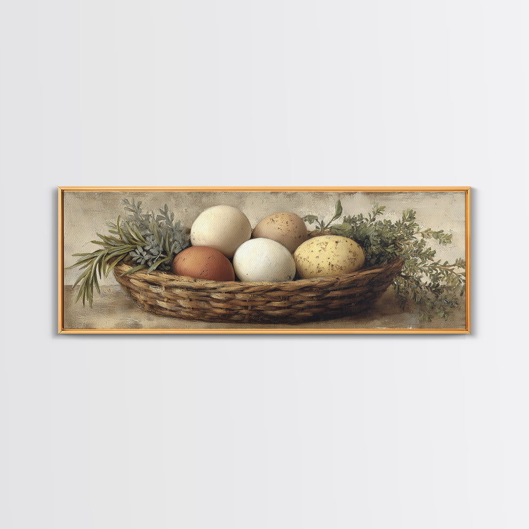 Fresh Eggs in a Woven Basket with Canvas Print, Bed and Breakfast Art, Coffee Art, Living Room Decor, Watercolor Art, BAB-3x1-94