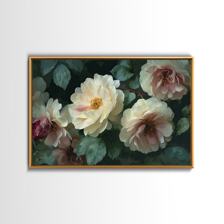 Garden Roses in Romantic Oil Paint Canvas Print, Bed and Breakfast Art, Bedroom Wall Decor, Living Room Decor, Fine Art, BAB-3x2-1