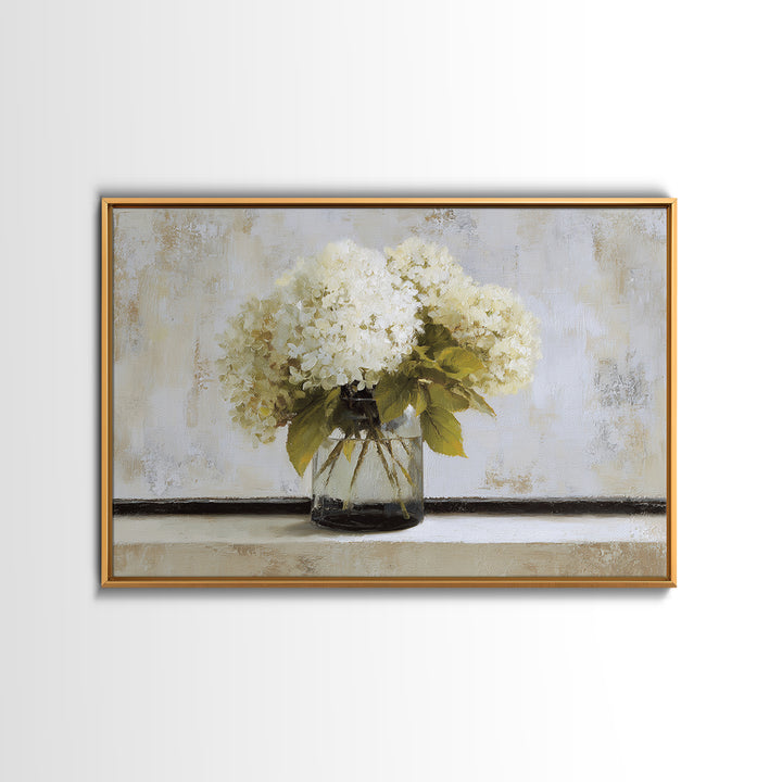 Sunlit Hydrangeas on a Windowsill Framed Canvas Print, Bed and Breakfast Art, Wood Wall Art, Living Room Decor, Fine Art, BAB-3x2-14