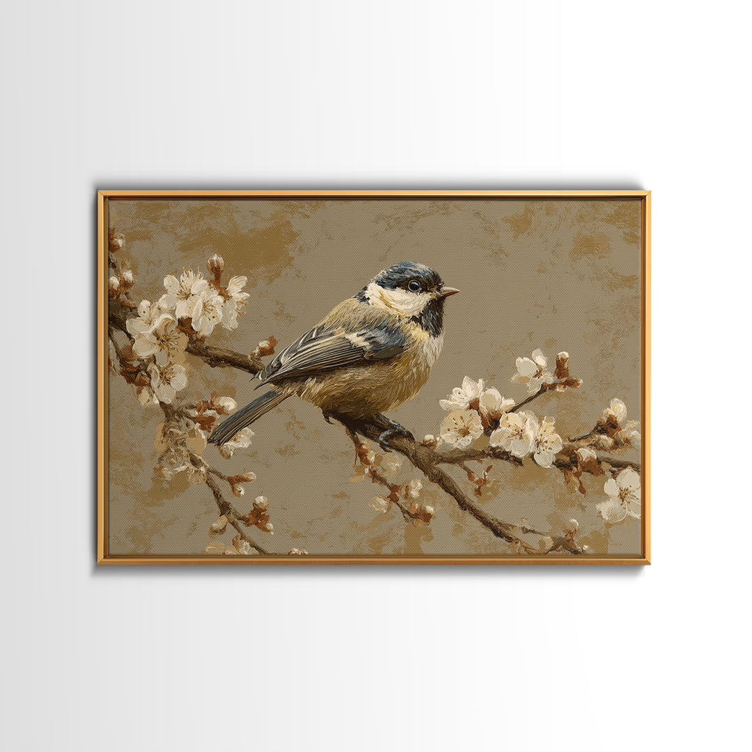 Small Bird on a Flowering Branch Framed Canvas Print, Bed and Breakfast Art, Printable Art, Living Room Decor, Watercolor Art, BAB-3x2-18