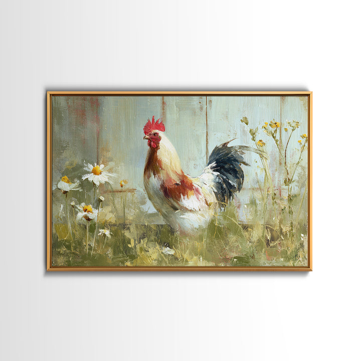 Rooster and Wildflower Country Portrait Canvas Print, Bed and Breakfast Art, Coffee Wall Art, Living Room Decor, BAB-3x2-23