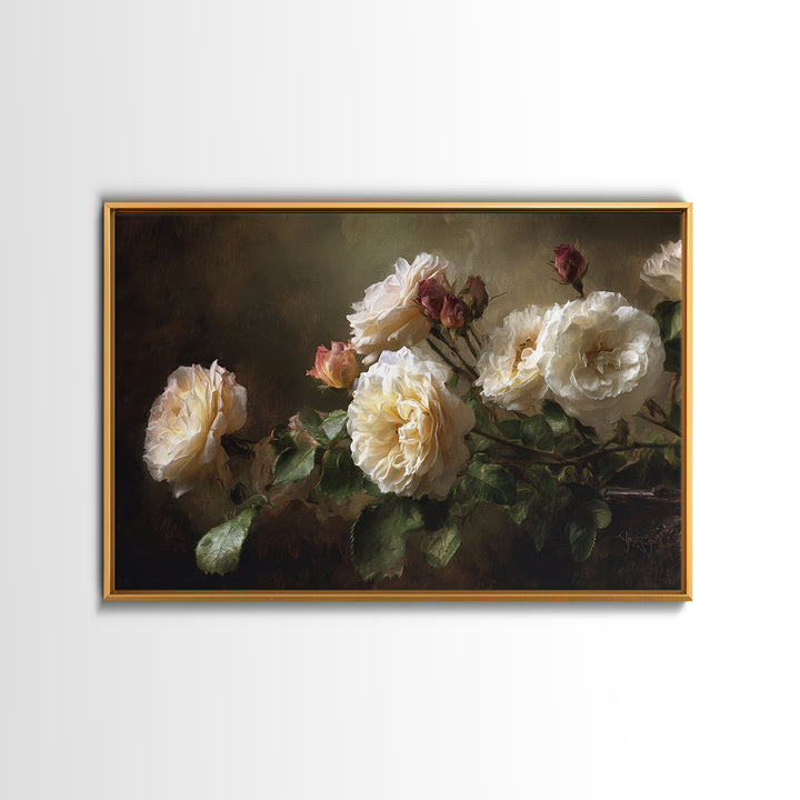 Garden Roses in Romantic Oil Paint Framed Canvas Print, Bed and Breakfast Art, Bedroom Prints, Living Room Decor, Fine Art, BAB-3x2-25