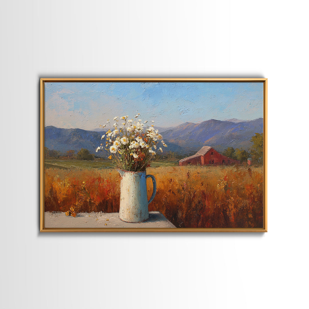Country Wildflowers in a Chipped Ceramic Pitcher Canvas Print, Bed and Breakfast Art, Modern Decor, Living Room Decor, BAB-3x2-29