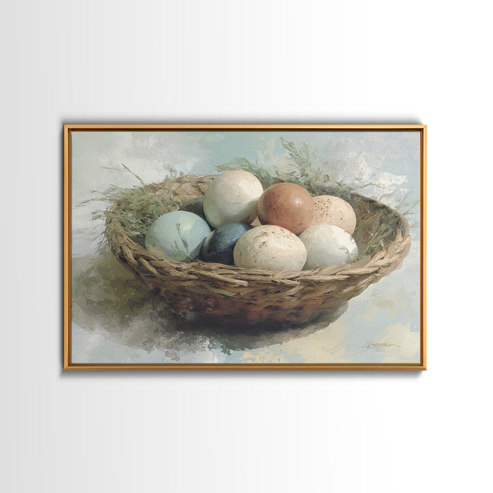 Fresh Eggs in a Woven Basket with Canvas Print, Bed and Breakfast Art, Coffee Art, Living Room Decor, Watercolor Art, BAB-3x2-34