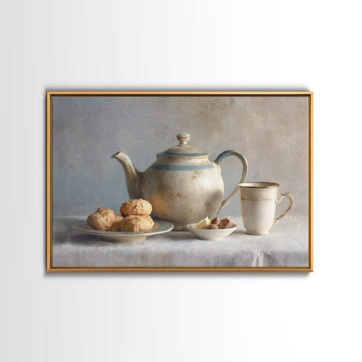 Porcelain Teapot and Scones Framed Canvas Print, Bed and Breakfast Art, Bedroom Art, Living Room Decor, Oil Painting, BAB-3x2-40