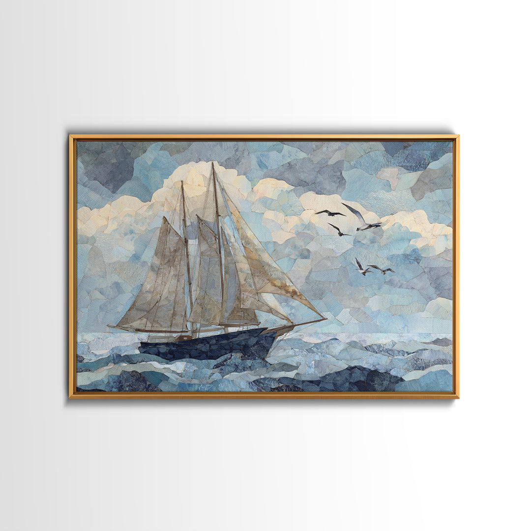 Coastal Inn Sailboat at Sunrise Framed Canvas Print, Bed and Breakfast Art, Gallery Decor, Living Room Decor, Fine Art, BAB-3x2-45