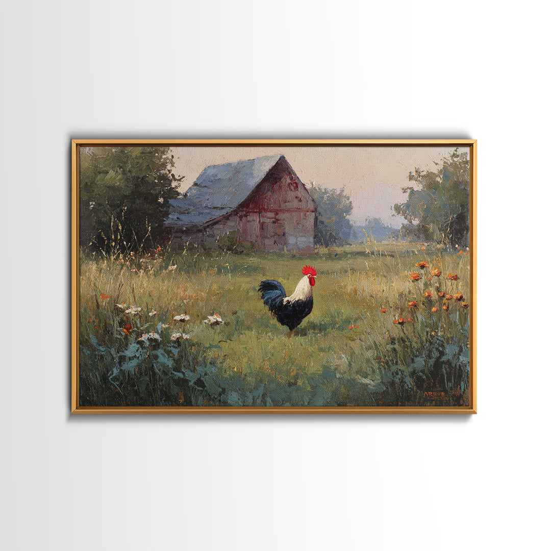 Rooster and Wildflower Country Portrait Framed Canvas Print, Bed and Breakfast Art, Digital Art, Living Room Decor, Fine Art, BAB-3x2-47