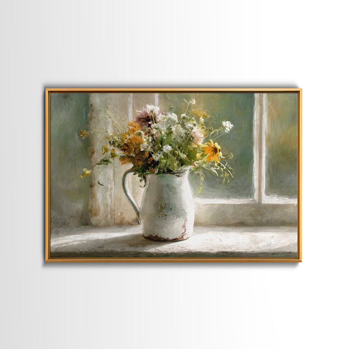 Country Wildflowers in a Chipped Ceramic Pitcher Canvas Print, Bed and Breakfast Art, Coffee Wall Art, Living Room Decor, BAB-3x2-5