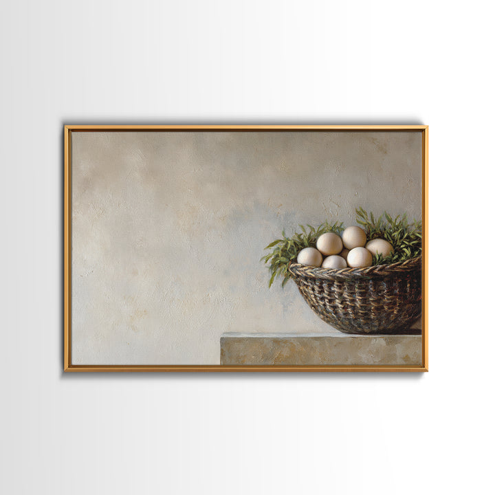 Fresh Eggs in a Woven Basket with Canvas Print, Bed and Breakfast Art, Coffee Art, Living Room Decor, Watercolor Art, BAB-3x2-58