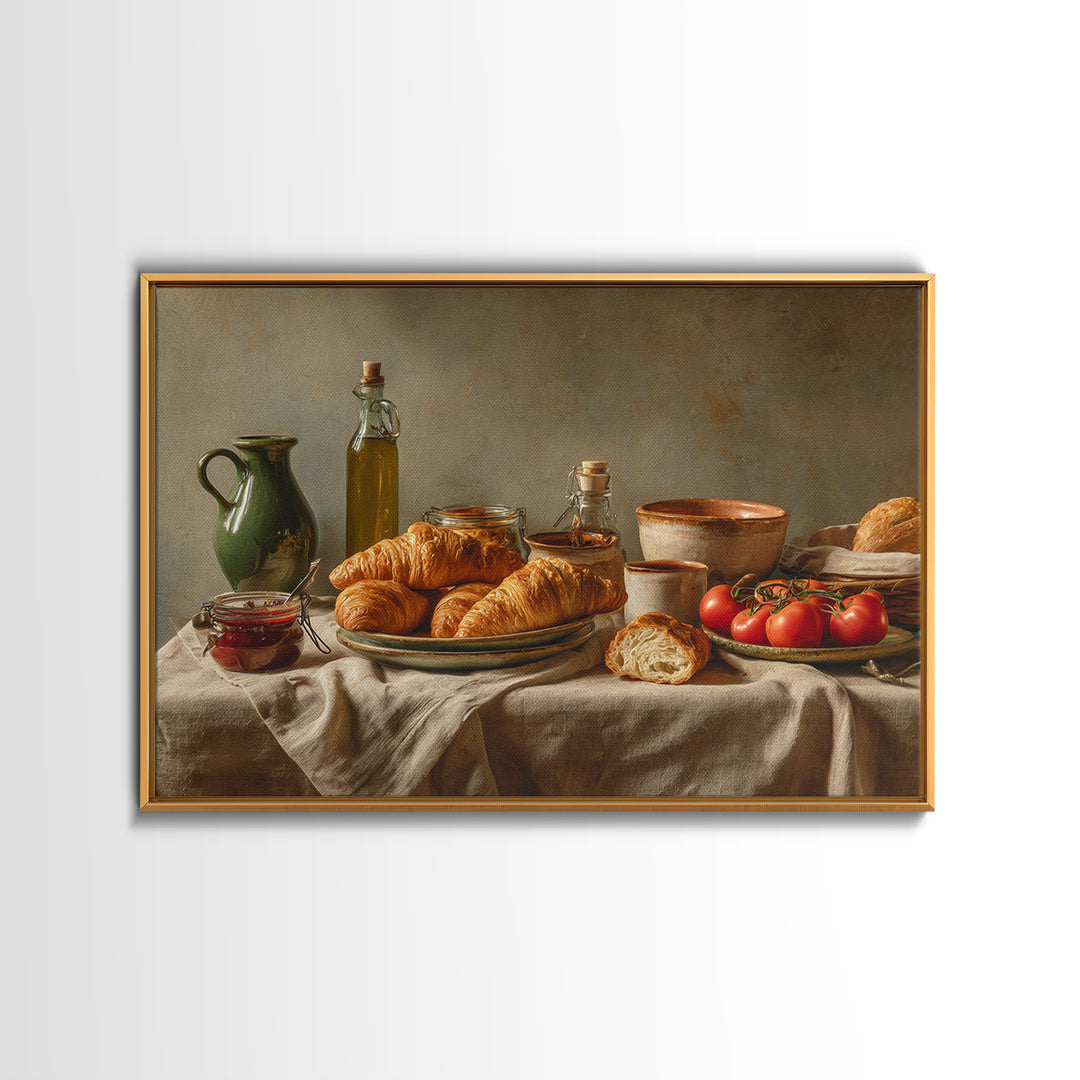Fresh Croissants and Jam on a Linen Framed Canvas Print, Bed and Breakfast Art, Dopamine Decor, Living Room Decor, Fine Art, BAB-3x2-6