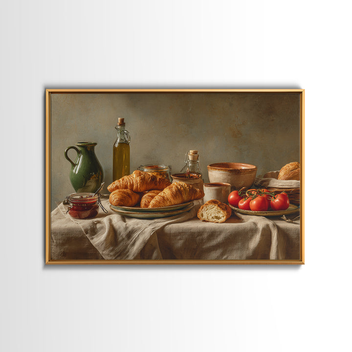 Fresh Croissants and Jam on a Linen Framed Canvas Print, Bed and Breakfast Art, Dopamine Decor, Living Room Decor, Fine Art, BAB-3x2-6